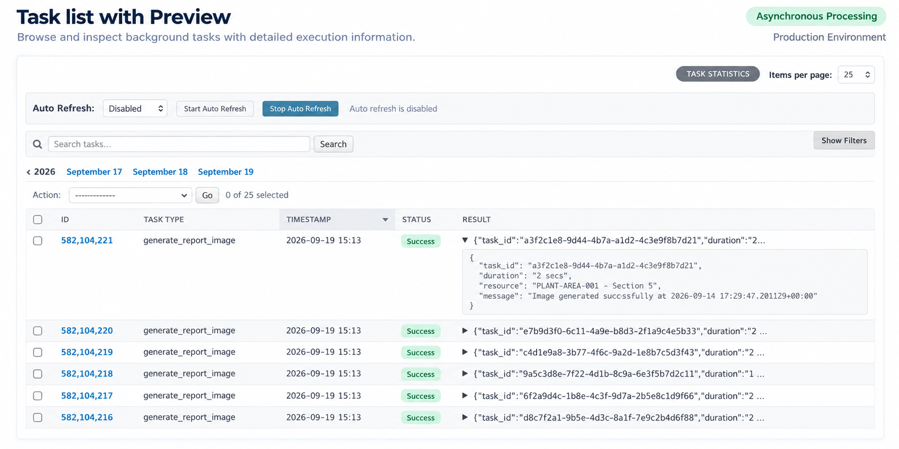Django Celery Logs task list with result preview