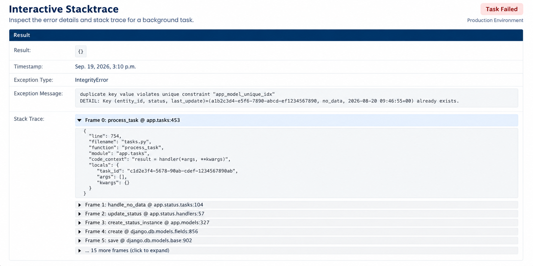 Stacktrace interativo do Django Celery Logs com variáveis de contexto
